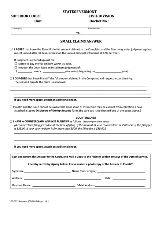 Form 100-00126 - Small Claims Answer