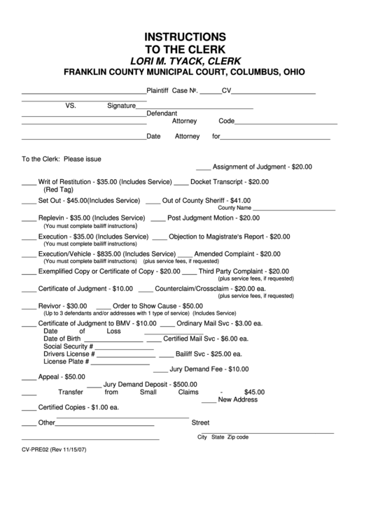 Form Cv-Pre02 - Instructions To The Clerk - Franklin County Municipal Court Printable pdf