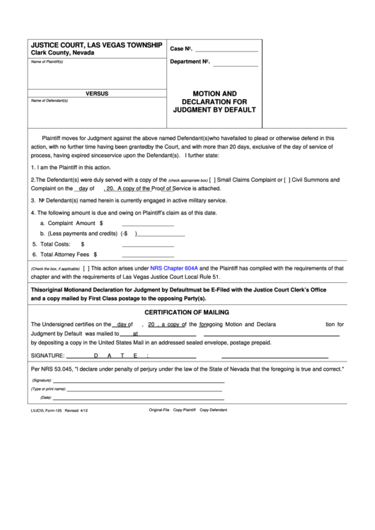 Lvjcvl Form-125 - Motion & Declaration For Judgment - Justice Court, Las Vegas Township