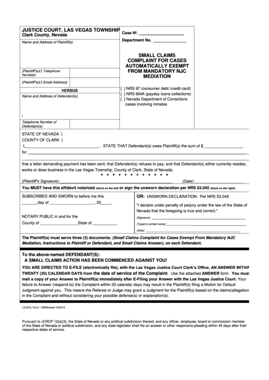 Fillable Lvjcvl Form -126 - Small Claimscomplaint For Casesautomatically Exemptfrom Mandatory Njcmediation Printable pdf
