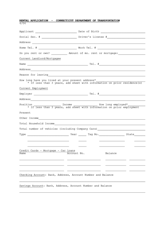 Rental Application Form - Connecticut Department Of Transportation Printable pdf