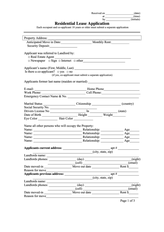 Residential Lease Application Form Printable pdf