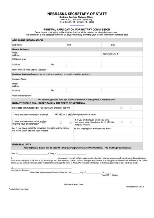 Renewal Application For Notary Commission Form - Business Services Division: Notary