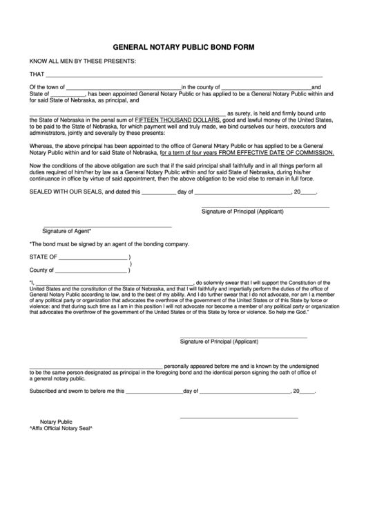 Fillable General Notary Public Bond Form (State Of Nebraska) Printable pdf