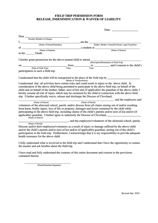 Field Trip Permission Form - Release, Indemnification & Waiver Of Liability Printable pdf
