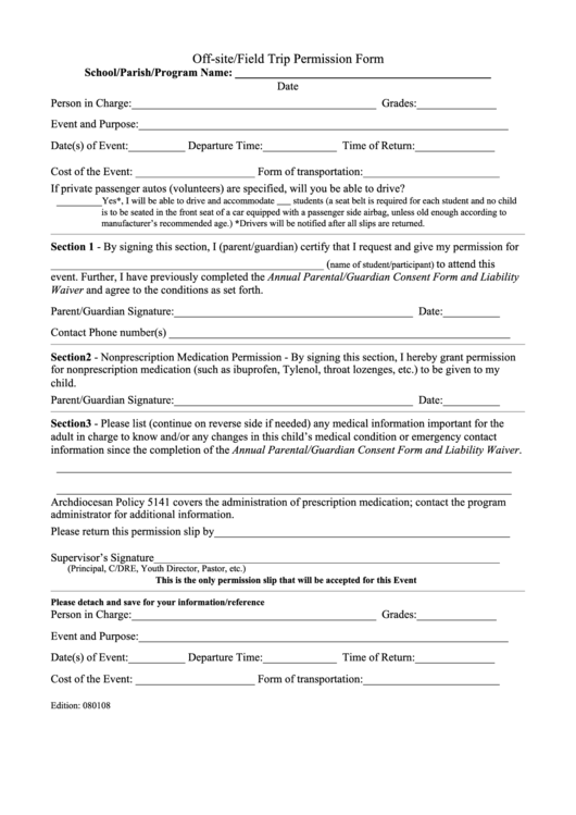 Fillable Off-Site/field Trip Permission Form - Xavier High School Printable pdf