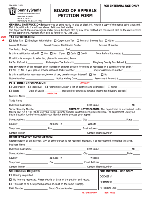 Fillable Form Rev-65 Ba - Board Of Appeals Petition Form Printable pdf