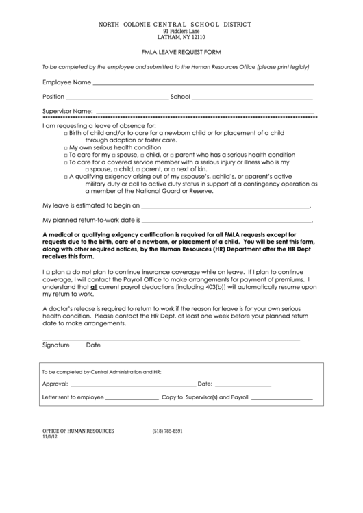 Fmla Leave Request Form - North Colonie Central School District Printable pdf