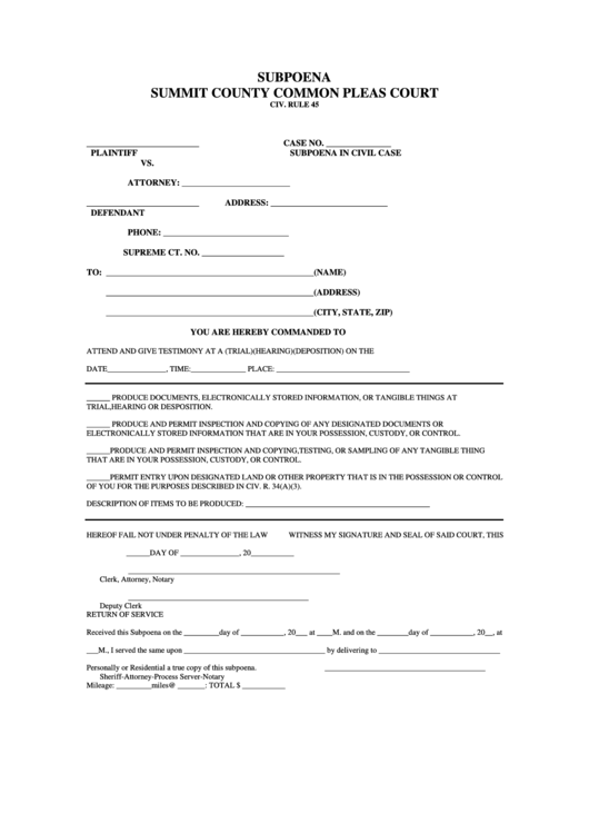 Subpoena Form - Summit County Common Pleas Court Printable pdf