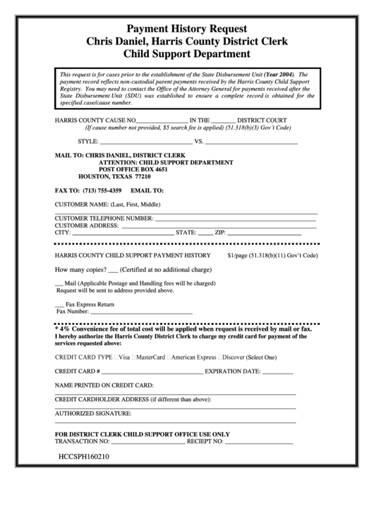 Fillable Payment History Request Form - Child Support Department Printable pdf