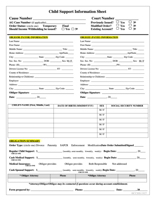 Fillable Child Support Information Sheet Printable pdf