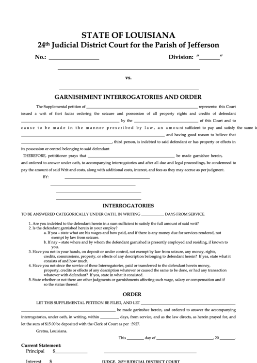 Fillable Garnishment & Interrogatories Form - 24th Judicial District Court For The Parish Of Jefferson Printable pdf