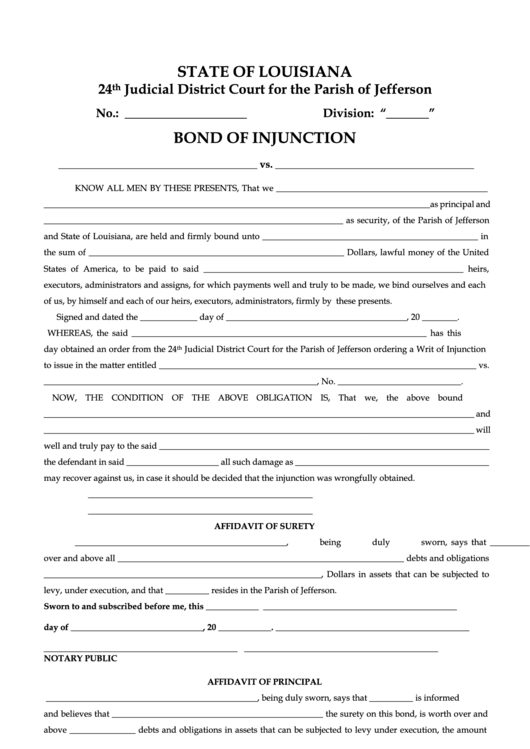 Fillable Bond Of Injunction Form - 24th Judicial District Court For The Parish Of Jefferson Printable pdf