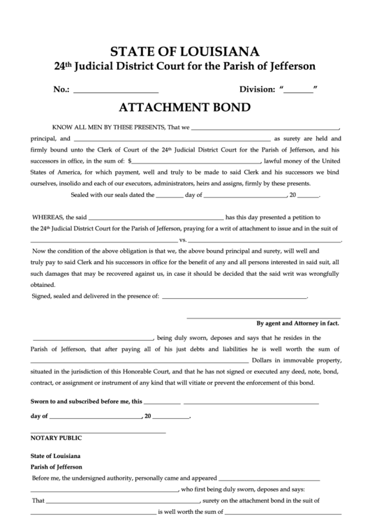 Fillable Attachment Bond Form - 24th Judicial District Court For The Parish Of Jefferson Printable pdf