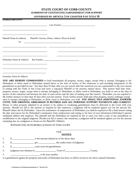 Fillable Summons Of Continuing Garnishment For Support Form - State Court Of Cobb County Printable pdf