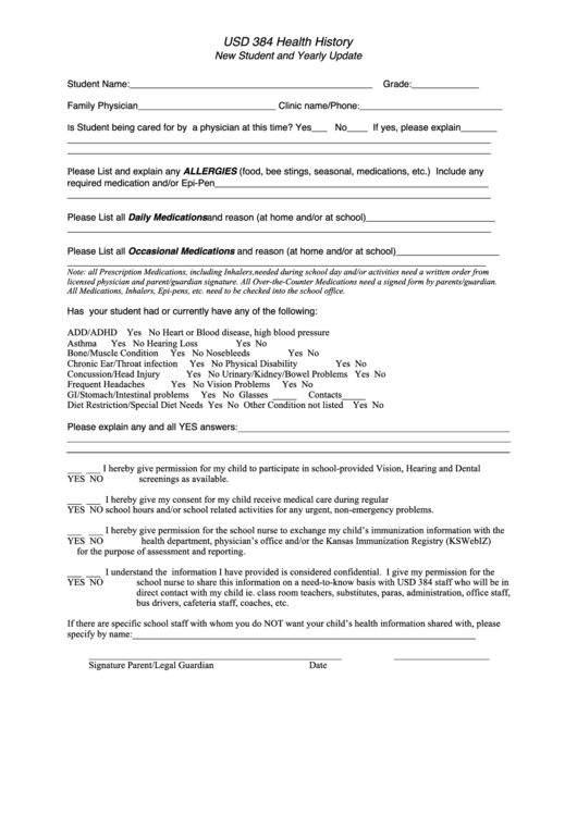 Usd 384 Health Form History New Student And Yearly Update printable