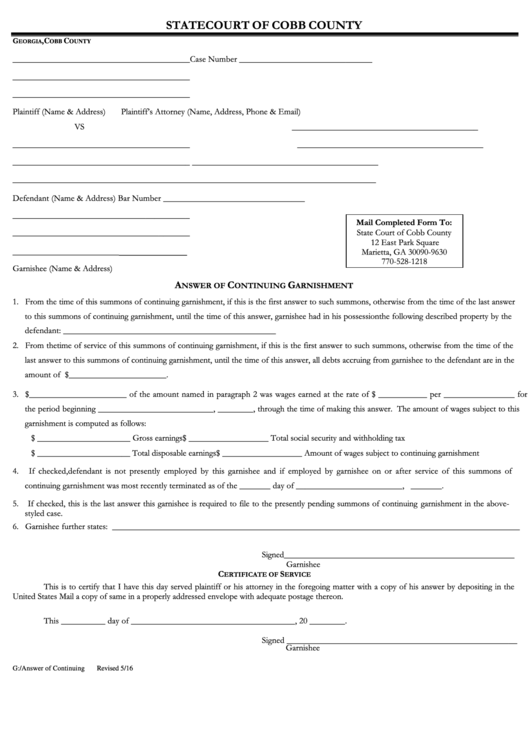 Fillable Answer Of Continuing Garnishment - State Court Of Cobb County Printable pdf