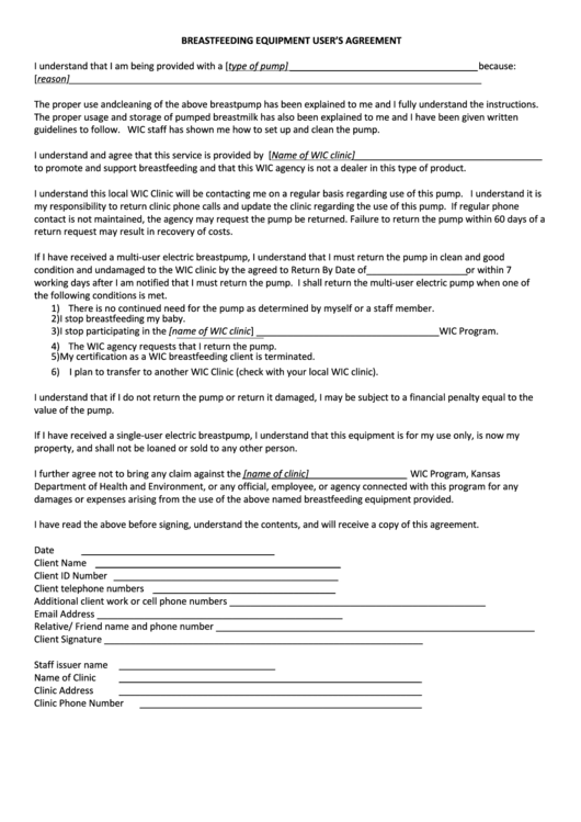Breastfeeding Equipment User Agreement Template - Wic Program, Kansas Department Of Health And Environment Printable pdf