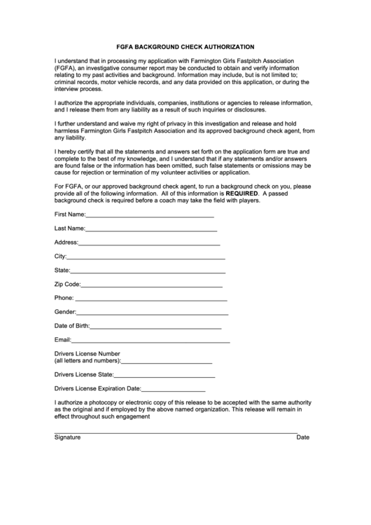 Fgfa Background Check Authorizarion Form Printable pdf