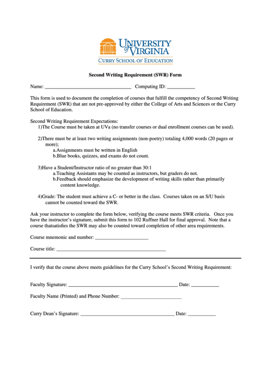 Fillable Second Writing Requirement (Swr) Form Printable pdf