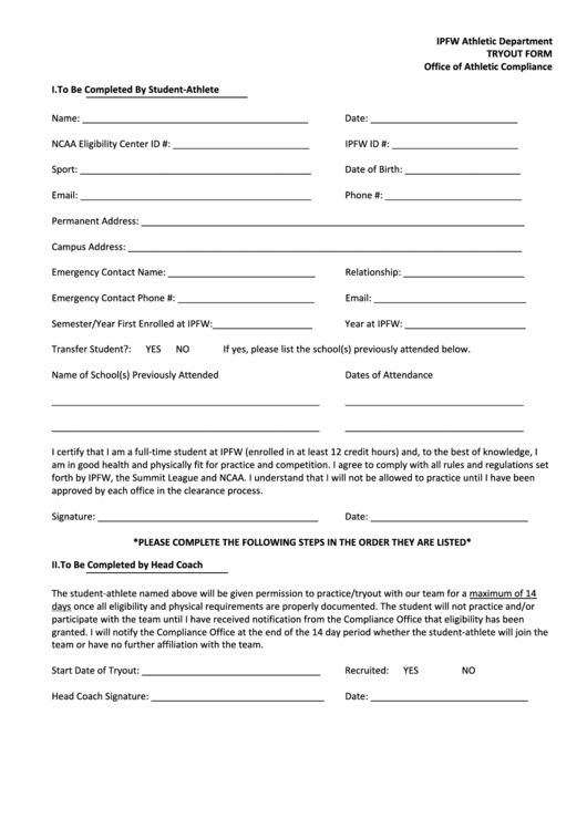 Fillable Athletic Tryout Form (Ncaa) Printable pdf