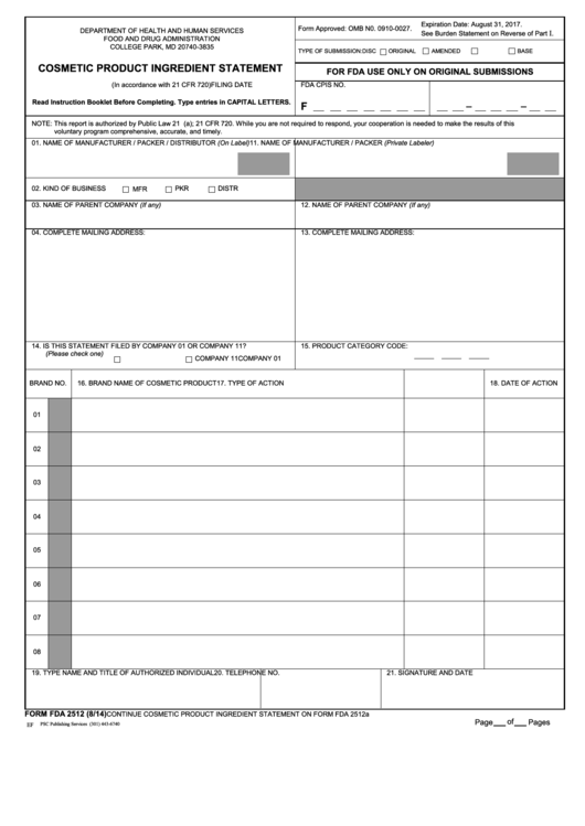 Fillable Form Fda 2512 Cosmetic Product Ingredient Statement Printable pdf