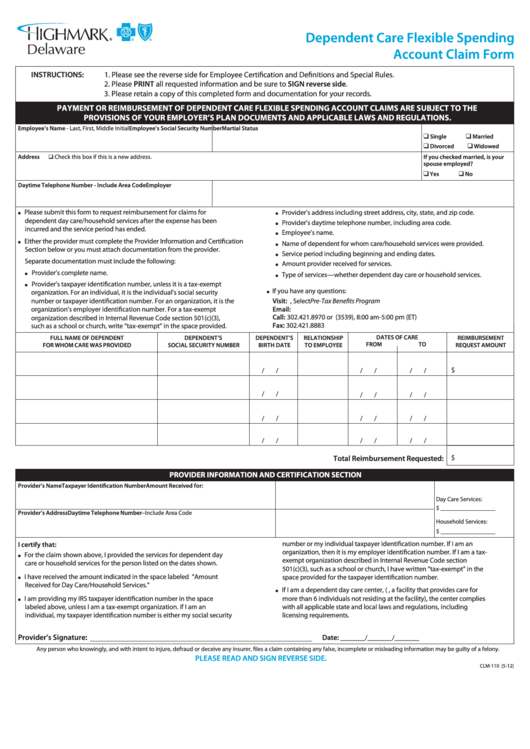 Form Clm-110 Dependent Care Flexible Spending Account Claim Form - Highmark Blue Cross Blue Shield Delaware Printable pdf
