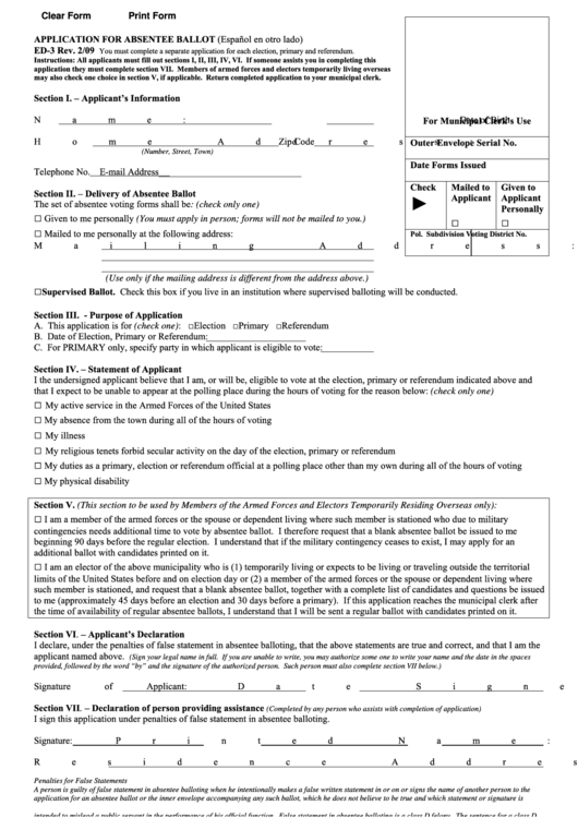 Fillable Form Ed-3 Application For Absentee Ballot Printable pdf