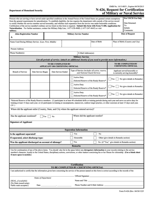 Fillable Form N-426 Request For Certification Of Military Or Naval Service - Department Of Homeland Security Printable pdf