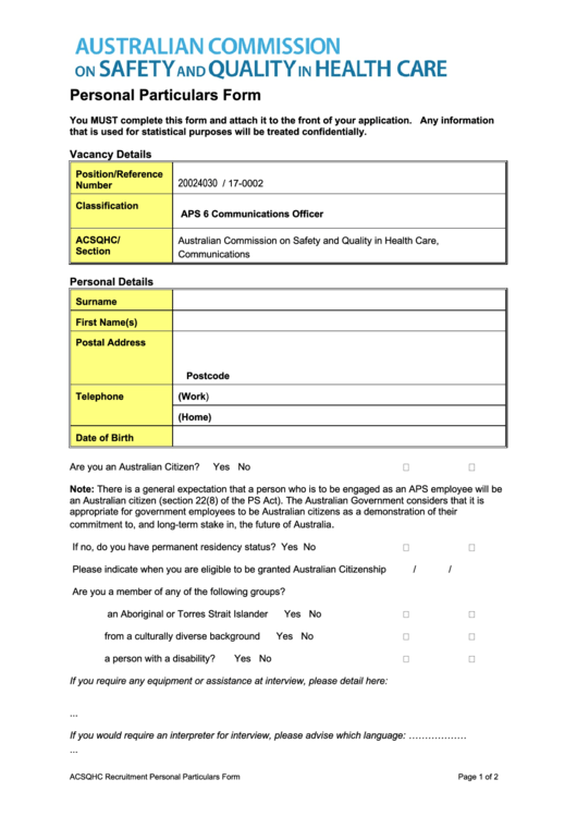 Acsqhc Recruitment Personal Particulars Form Printable pdf