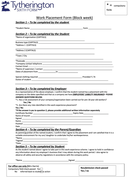 Work Placement Form (Block Week) Form Printable pdf