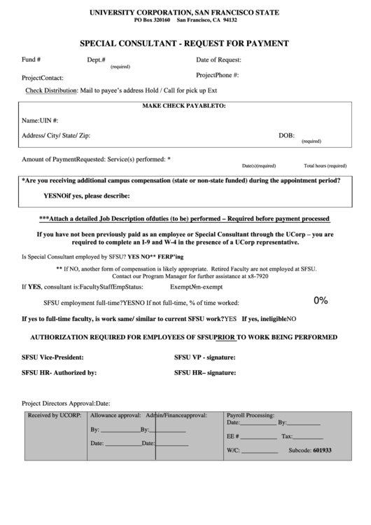 Fillable Special Consultant - Request For Payment Form Printable pdf
