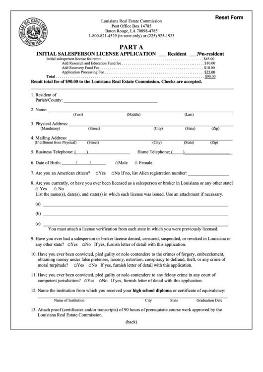 Fillable Part A Initial Salesperson License Application Form Printable Pdf Download 5987