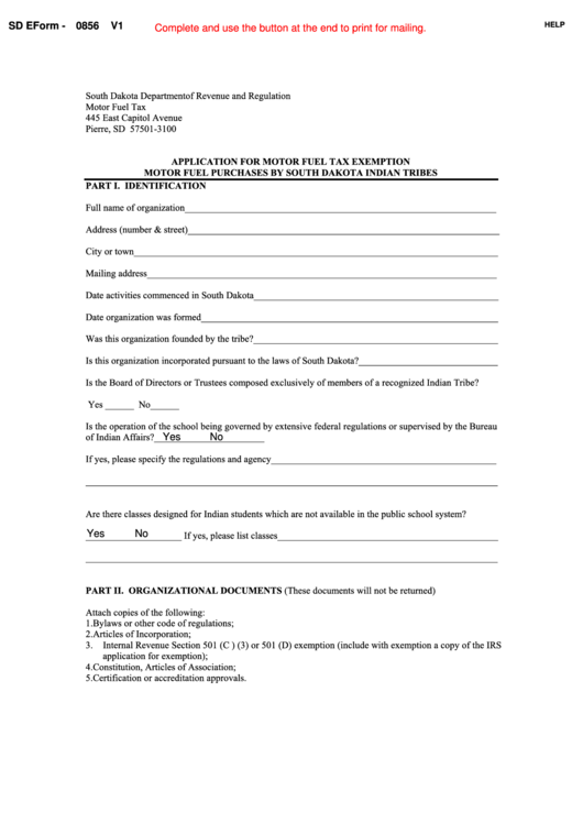 Fillable Sd Eform - 0856 Application For Motor Fuel Tax Exemption Motor Fuel Purchases By South Dakota Indian Tribes Printable pdf