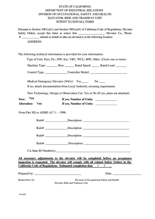 Fillable Intent To Install Form - California Department Of Industrial Relations Printable pdf