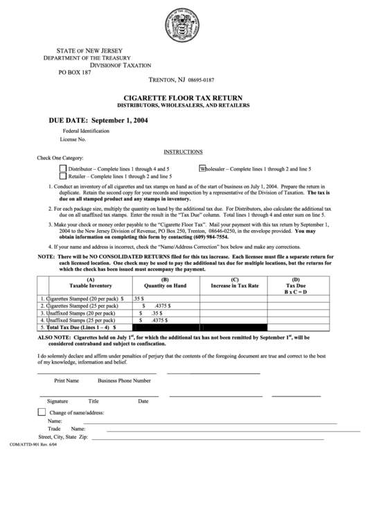 Fillable Form Com/attd-901 Cigarette Floor Tax Return Distributors, Wholesalers, And Retailers Printable pdf
