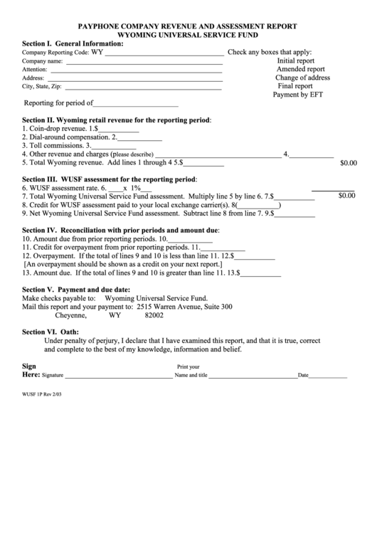 Fillable Form Wusf 1p - Payphone Company Revenue And Assessment Report - Wyoming Universal Service Fund Printable pdf