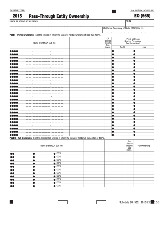 Fillable Form California Schedule Eo (565) - Pass-Through Entity Ownership - 2015 Printable pdf