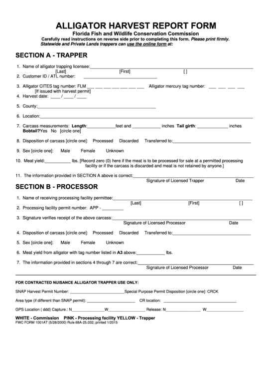 Fwc Form 1001at Alligator Harvest Report Form - Florida Fish And Wildlife Conservation Commission Printable pdf
