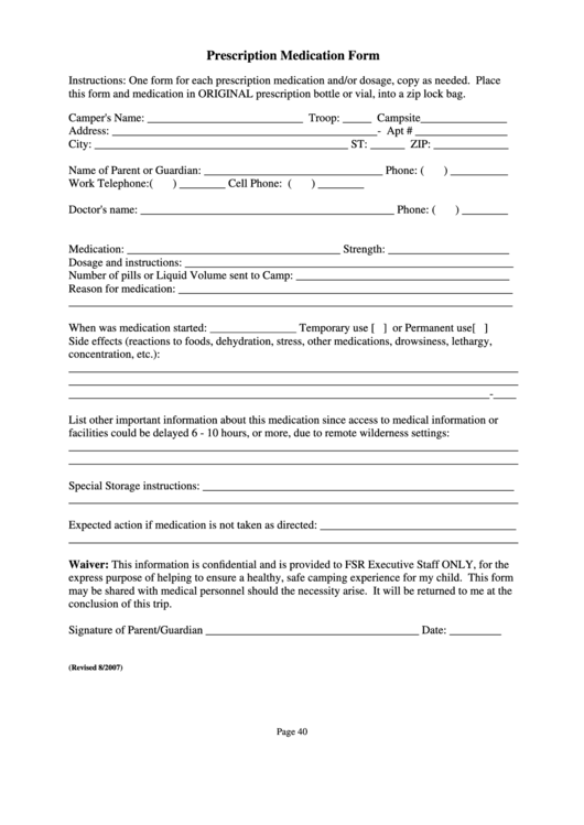 Fillable Prescription Medication Form Printable pdf