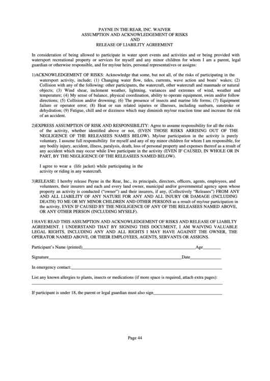 Assumption And Acknowledgement Of Risks And Release Of Liability Agreement Template Printable 5566