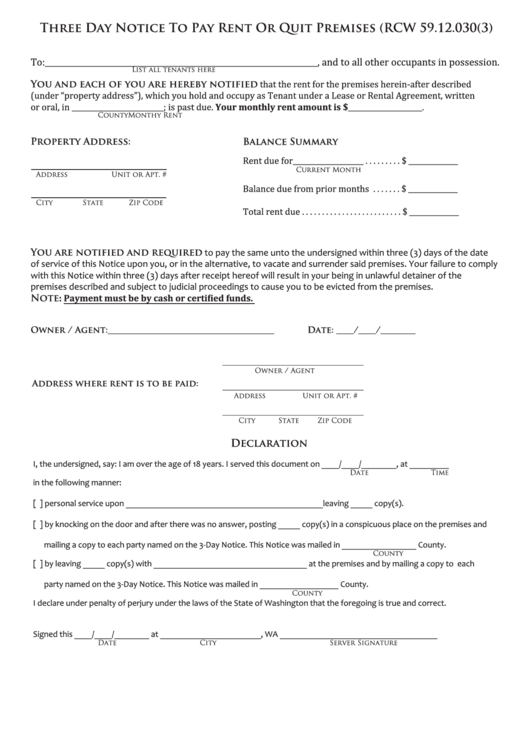 Three Day Notice To Pay Rent Or Quit Premises Form Printable pdf