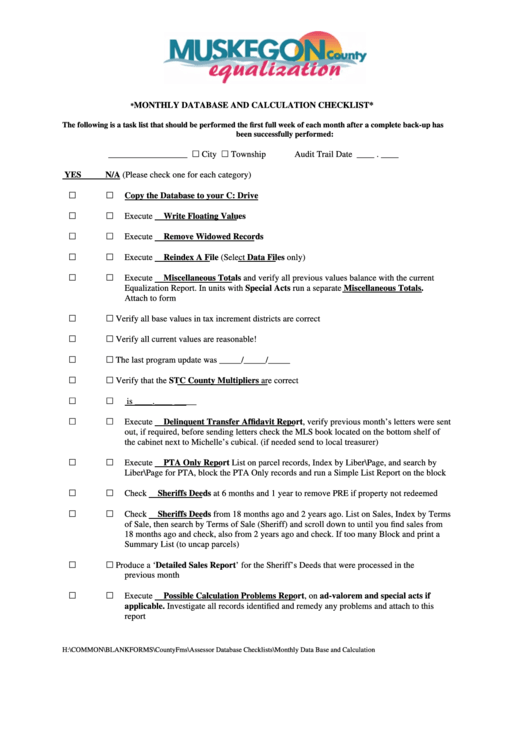 Monthly Database And Calculation Checklist Form - Muskegon County Equalization Printable pdf