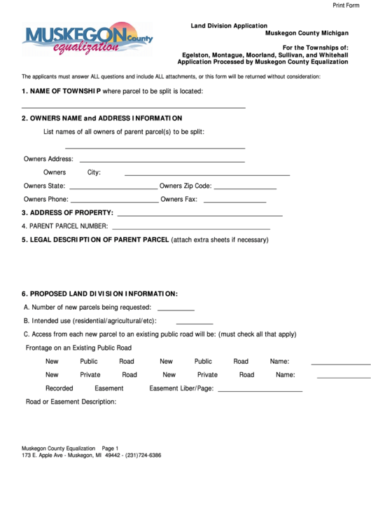 Fillable Application Form - Muskegon County Equalization Printable pdf