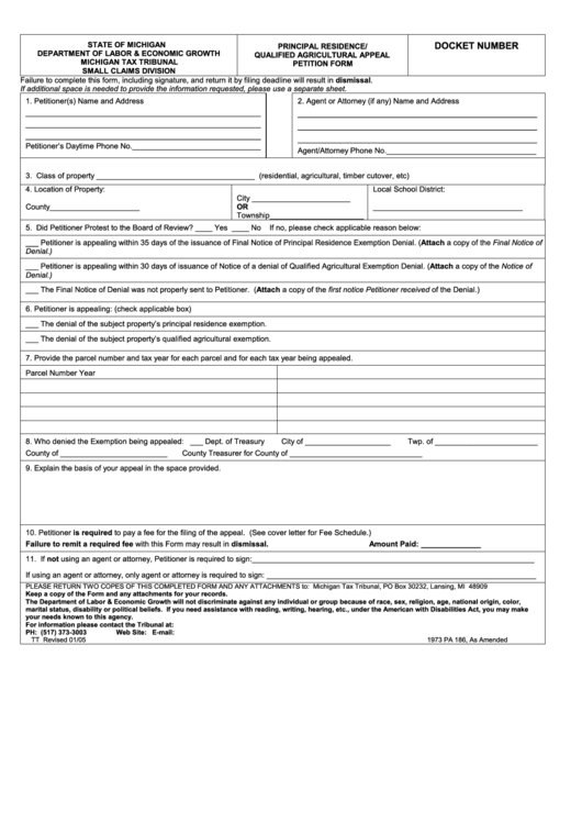 Fillable Michigan Tax Tribunal - Principal Residence/qualified Agricultural (Appeal Petition Form) Printable pdf