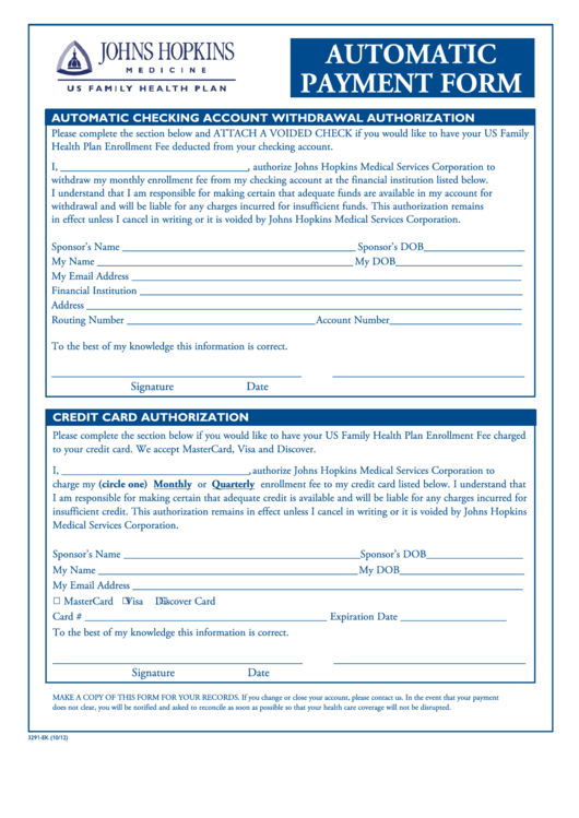 Fillable Form 3291-Ek Automatic Payment Form Printable pdf