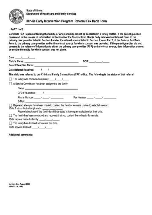 Illinois Early Intervention Program Referral Fax Back Form - Department Of Healthcare And Family Services Printable pdf