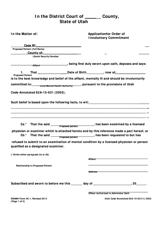 Dsamh Form 36-1 Application For Order Of Involuntary Commitment Printable pdf