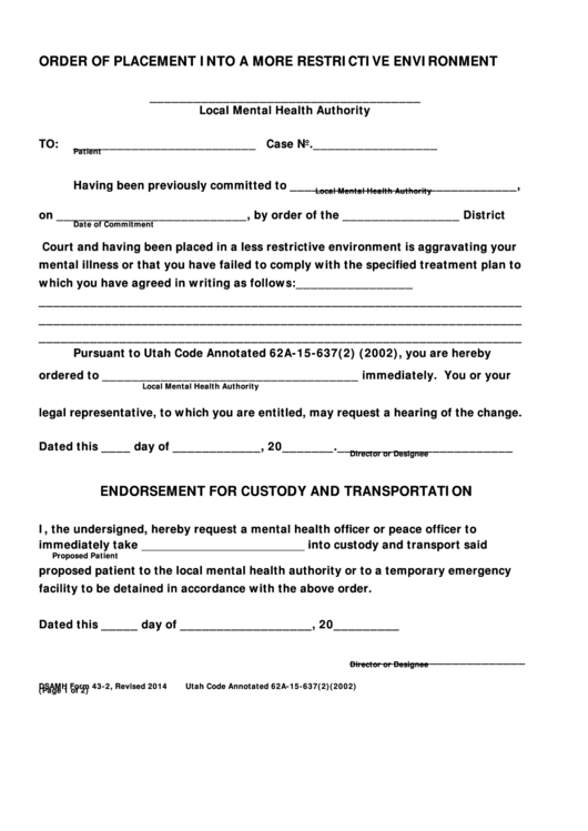 Dsamh Form 43-2 Order Of Placement Into A More Restrictive Environment Printable pdf