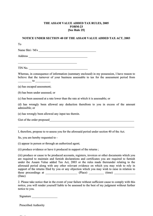 Form-23 Notice Under Section 40 Of The Assam Value Added Tax Act, 2003 Printable pdf